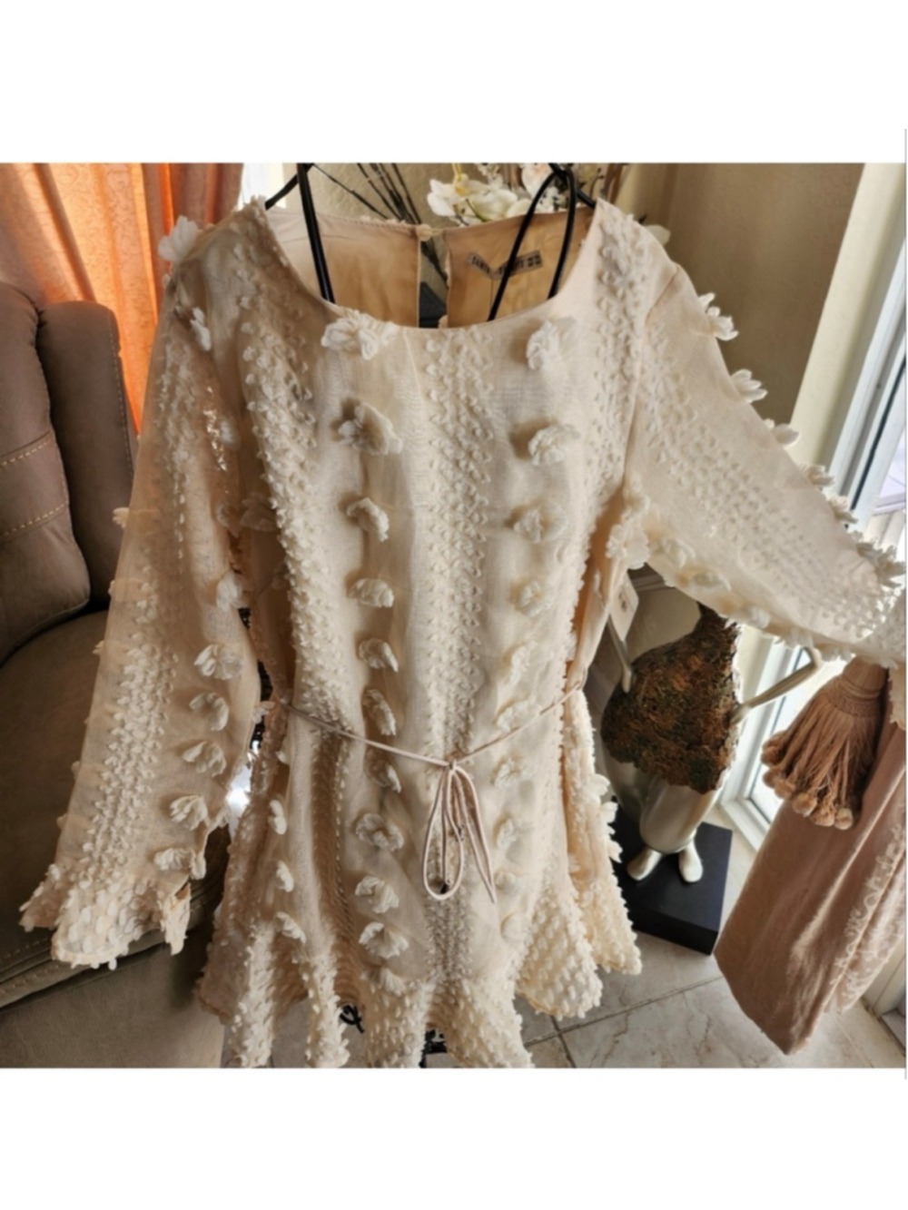 Saints & Secrets Beige Long Sleeve Dress with Pom Poms Size M - Picture 8 of 13